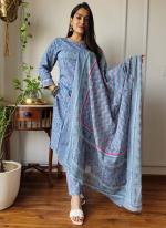 Cotton Sky Blue Casual Wear Printed Readymade Salwar Suit